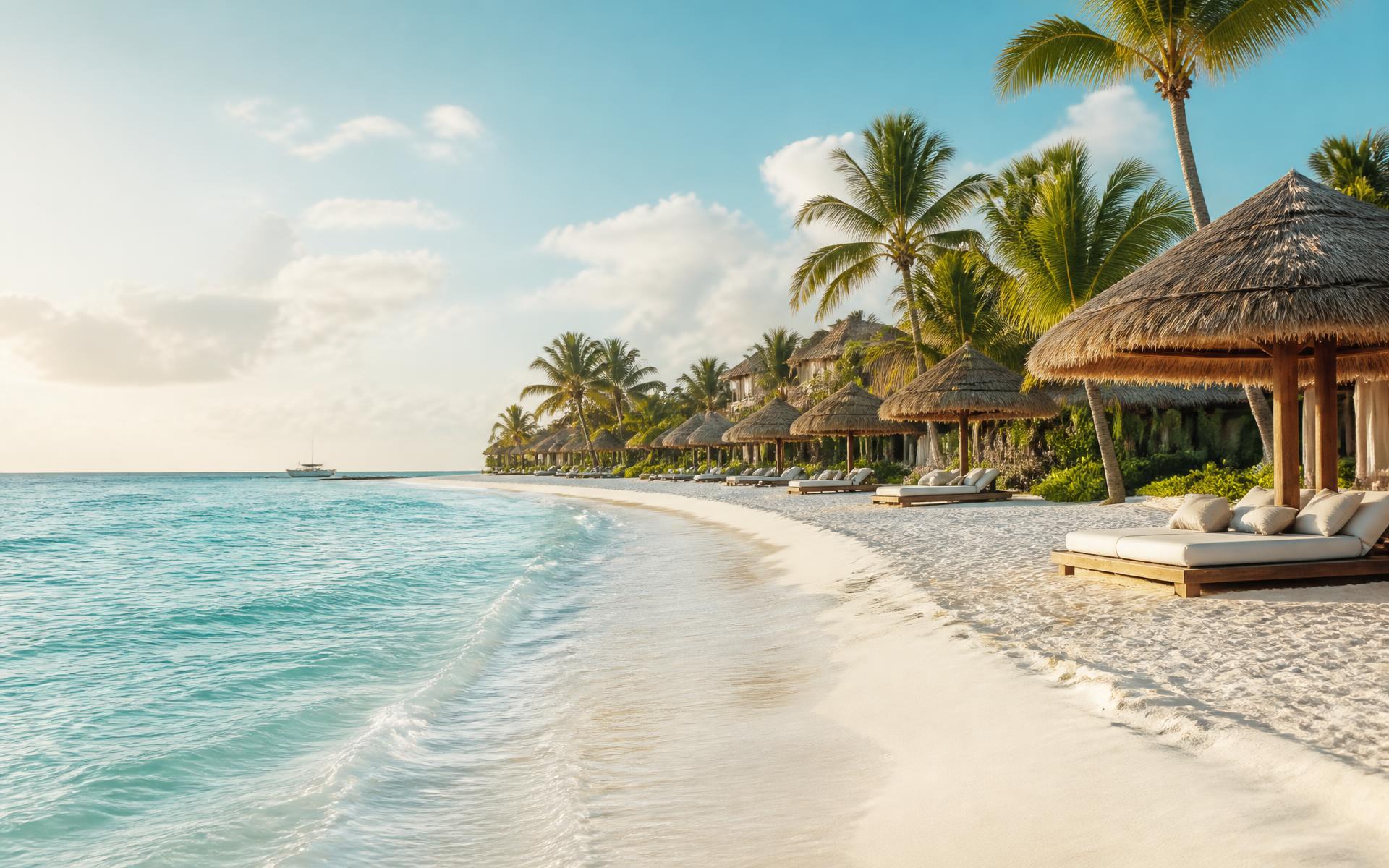 Turquoise Caribbean shoreline with thatched cabanas at sunrise